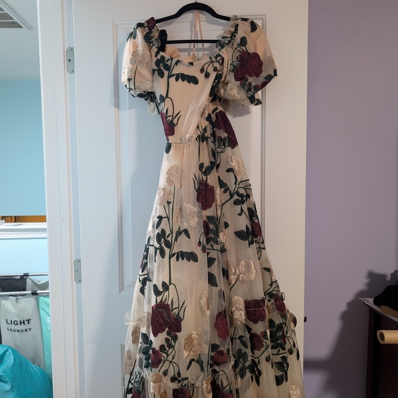 Floral Square-Neck Maxi Dress in Blush with Burgundy Roses - Picture 3 of 6